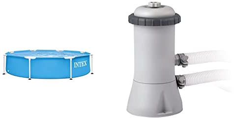 Intex Frame Pool Set Rondo Ø 244 x 51 cm, 28205NP & 28604 Krystal Clear Cartridge Filter Pump - Pool Kartuschenfilteranlage - 1,7m3/h, Grau