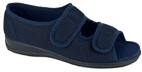 Sleepers Womens Betty Wide Open Touch Fastening Washable Extra Wide Slippers Navy Blue (EEE Fitting)
