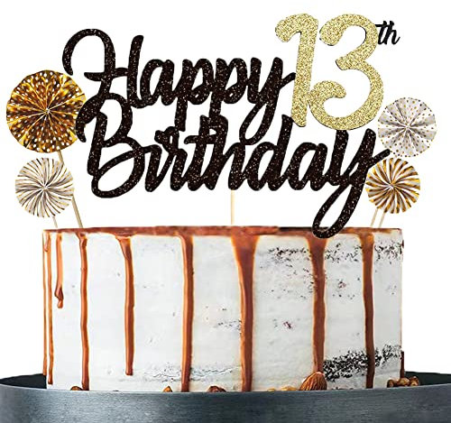 Tortendeko 13 Schwarzes Gold set Doppelseitiges Glitzerpapier Happy Birthday Cake Toppe für Geburtstag Deko 13