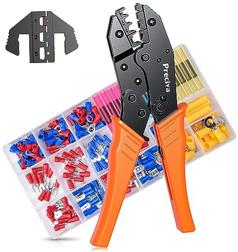Crimping Tools for Insulated and Heat Shrink Terminals, 2 Replaceable Crimp Head with 200pcs Wire Connectors, AWG 20-10(0.5-6mm²), Preciva Ratchet Crimping Tool, Made of Hardened Alloy Steel