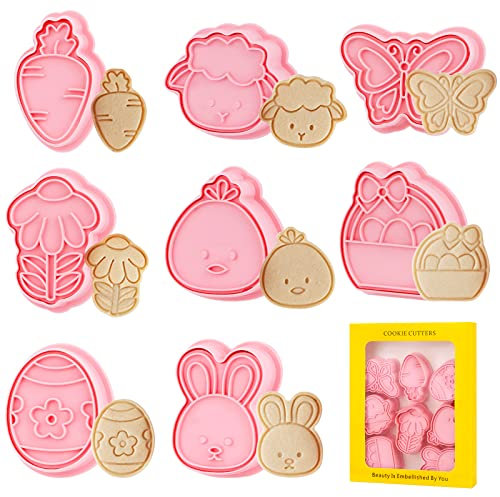 XIACIBDUS 8pcs Cookie Cutters Set, Plastic Pressable Biscuit Cutters for Baking, 3D Cartoon Shaped Easter Biscuit Moulds, Cute Animal Cookie Stamp Mould for Kids DIY Chocolate Fondant Pastry Cake