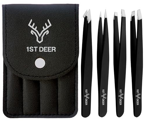1st Deer Pinzette - Set di 4 Pinzette di Precisione Professionali in Acciaio Inossidabile per Sopracciglia, Rimozione Peli del Viso, Peli Incarniti, Punti Neri e Zecche - Nero