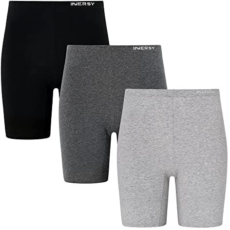 INNERSY Damen Radlerhose Baumwolle Kurze Leggings Frauen Chub Rub Shorts Hose Unter Rock 3er Pack (L, Schwarz/Holzkohle grau/Hellgrau)