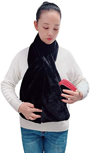 Lina & Lily Damen Winter Pull-Through Kunstpelz Schal mit versteckter Reißverschlusstasche (Schwarz)