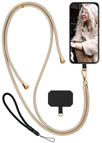 moex Unleash für iPhone 5s / 5 / SE (2016) Handyband zum Umhängen ohne Hülle, Handykette Universal mit Karabiner, Handy Band abnehmbar, Kette mit Pad für Handyhülle, Beige, Gold