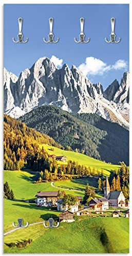 ARTLAND Wandgarderobe Garderobenpaneel Holz mit 6 Haken 60x120 cm Design Garderobe mit Motiv Natur Landschaft Alpen Dolomiten Santa Maddalena Südtirol Italien U1TF
