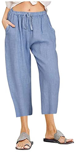 Damen Business Hose Radlerhose Damen Gepolstert Jeans Damen High Waist Stretch Kordelzug 7/8 Hosen Mit Taschen Weites Bein Arbeitshose Baumwoll Leinen Palazzo Hose Arbeitslatzhose Damen Himmelblau M