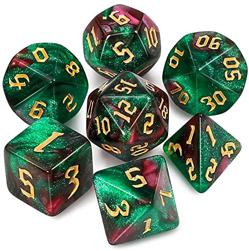 QMAY DND Dice Polyhedral Dice Set - 7 Pieces for Dungeon and Dragons MTG RPG D&D D20, D12, D10, D%, D8, D6, D4 (Grün und Rot + Glitter)