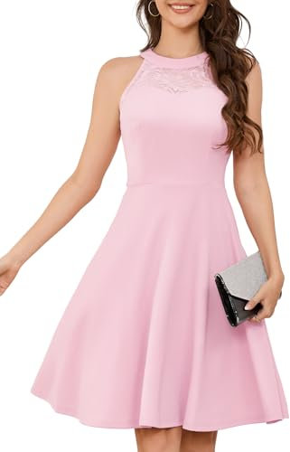 Bbonlinedress Robe de Soirée Cocktail Femme Courte Lingne A Halter Vintage pour Fête Bal Guinguette Anniversaire Mariage invité Pink L