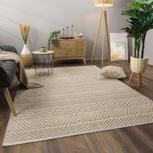 Paco Home Teppich Wohnzimmer Schlafzimmer Kurzflor Skandinavisches Boho Muster Geometrische Optik Einfarbig Moderne Deko, Grösse:200x280 cm, Farbe:Creme
