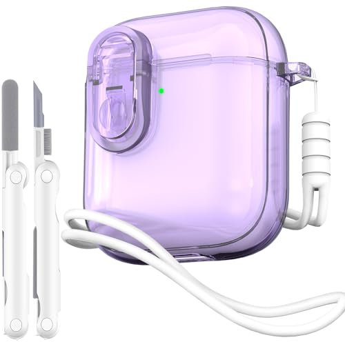 MHYALUDO Custodia per Airpods 1a/2a Gen con Chiusura di Sicurezza, Compatibile con Airpods 1a/2a(2016/2019), Custodia Trasparente Morbida Antiurto con Penna per la Pulizia del Cordino,Viola