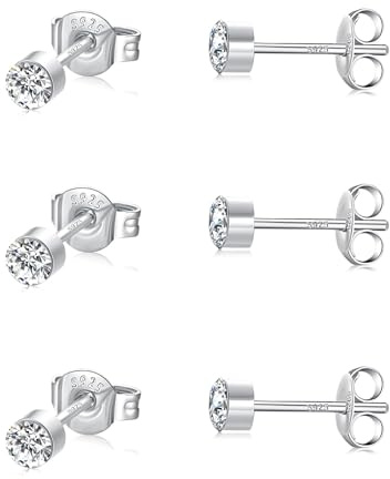 SNORSO 3 Paires Boucles d'oreilles Femme Argent 925, Hypoallergénique Petit Clous d'oreilles Zircone Cubique Diamant Rondes pour Femme Fille Homme, Argent/Or jaune, 2 3 4mm