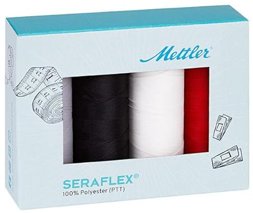 Amann Seraflex Elastisches Nähgarn - Set 4 x 130m - Weiß, Schwarz, Rot, Grau - Elastisches Nähgarn - Hohe Elastizität 65% - Nähmaschine - Öko-Tex