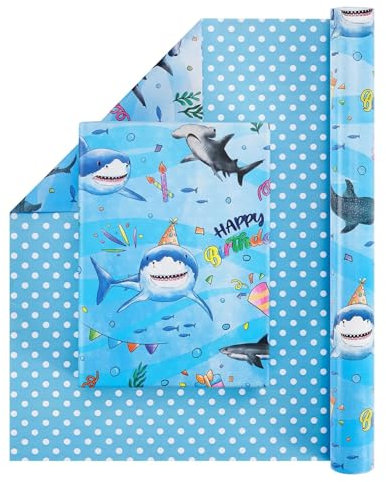 WERNNSAI Doppelseitige Geschenkpapierrolle mit Hai-Motiv-1 Rolle 43 cm x 10 m Geschenkpapier zum Geburtstag Ozean-Geburtstagsgeschenkpapier für Rolle Geschenkpapier für Jungen gepunktetes Design
