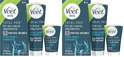 Veet Men - Kit d’Épilation Parties Intimes - Crème Dépilatoire 100ml et Baume de Soin 50ml - Zones Sensibles (Lot de 2)