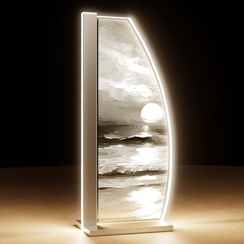 Luverre Tischlampe | LED-Leuchte | Glas-Leuchte mit Gravur für Nachttisch, Kommode, Wohnzimmer | Meer, Sonnenuntergang (Sunset Painting, Segel | silber)