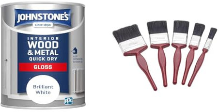 Johnstone's - Quick Dry Gloss - Brilliant White - Gloss Finish - Water Based & Fit For The Job 5 pc Mixed Sizes Paint Brush Set for a Smooth Finish with Emulsion, Gloss