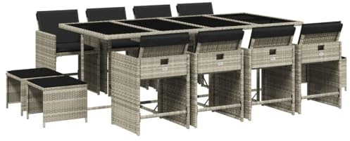 Gecheer 13-TLG. Garten Essgruppe 12 Personen, Rattan Gartenmöbel Set, Balkonmöbel Set, Gartentisch mit Stühlen, Terrassenmöbel Set, Balkon Lounge,Sitzgruppe Gartengarnitur mit Kissen Hellgrau