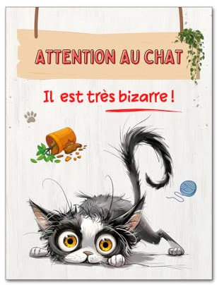 Plaque attention au chat noir et blanc panneau pancarte chaton bizarre en aluminium 15x20cm