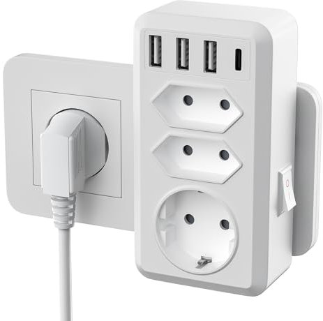 3 Fach Mehrfachstecker für Steckdose mit 4 USB Netzstecker, Doppelstecker für Steckdose, 3 Fach Mehrfachsteckdose mit Schalter, 7 in 1 Steckdosenadapter mit USB C für Büro, Zu Hause, Weiß