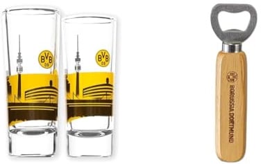 Borussia Dortmund BVB Schnapsglas Skyline (2 Stück) & Unisex BVB-flaskeåbner med træhåndtag Flaschen ffner, Holz,grau, 10cm EU