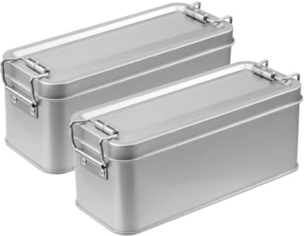 WDONAY Pack of 2 Silver Tin Canisters Metal Storage Box with Lid Rectangular Container with Buckle for Home Storage Outdoor (15 x 6 x 6 cm)
