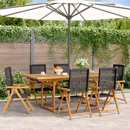 Homgoday Gartenmöbel-Set, Esstisch-Set für den Garten, 7-teilig, schwarz, aus Polyrattan und Massivholz, Gartenmöbel, Tisch und Stühle für den Außenbereich, Set u