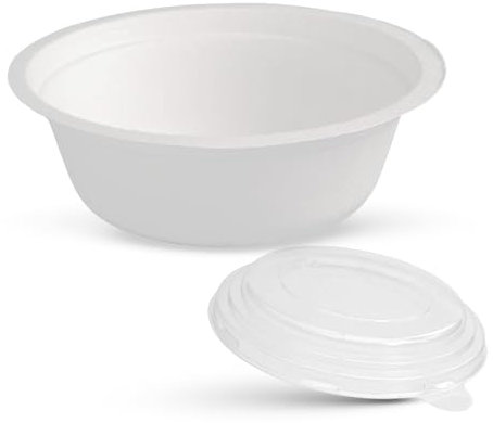 EcoWise 30 Paper Bowls 12 Oz Disposable Bowls with Lids White Rigid Bagasse Bowls Eco-Friendly Biodegradable Salad Bowl with Lid Bowls for Party Food