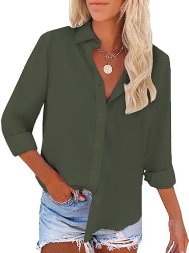 Friptspyg Bluse Damen Langarm Elegant Hemdbluse Lässiges Langbluse V-Ausschnitt Oversize Bluse Oberteile Tops mit Tasche,Armee Grün L
