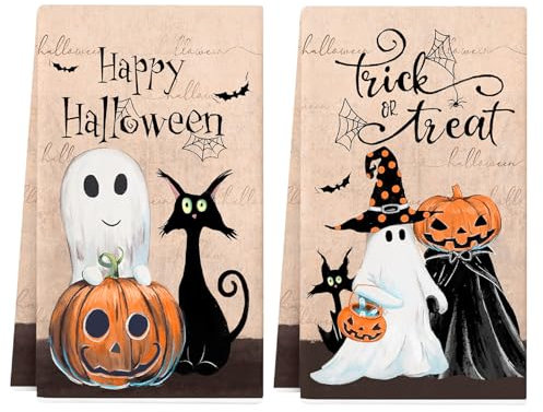 Beinup Paños de cocina Halloween, Halloween, paños de cocina, gatos, Halloween, paños de cocina, juego de 2 paños de cocina en paquete de regalo, 45 x 70 cm, toallas de poliéster