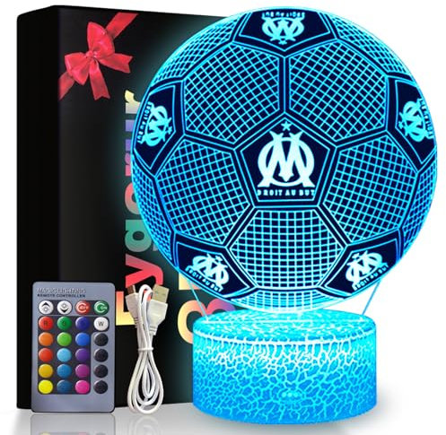 Eygerur Marseille Football Veilleuse 3D LED Enfants, Surprise Cadeau Foot Garcon 3 4 5 6-12 Ans, 16 Couleurs USB Smart Remote Control Football Lampe, Decoration Chambre Cadeaux Parfaits pour Les Fans