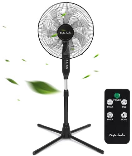 Taylor Swoden Ventilatore a Piantana con Telecomando, Potente Silenzioso, 7 Pale, Timer 9H, 3 Velocità & 3 Modalità (Normale/Naturale/Sleep), Oscillazione 80°, Altezza Regolabile, 50W, Nero