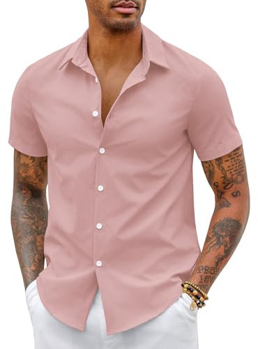 COOFANDY Mens Short Sleeve Shirts Summer Dress Shirt Non Iron Formal Shirts Slim Fit Business Shirts Casual Shirts Button Up Office Shirts Work Shirts Pink M