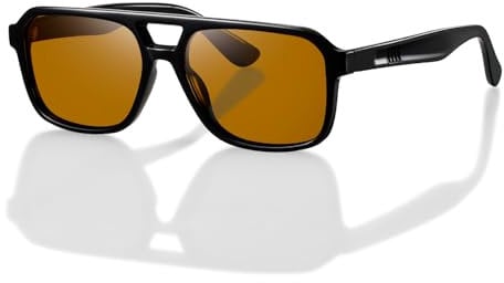 TIANYESY Polarised Retro Sunglasses for Women Men 70s Square Vintage Double Bridge Sunglasses UV400 Protection (Black frame/night vision yellow lens)