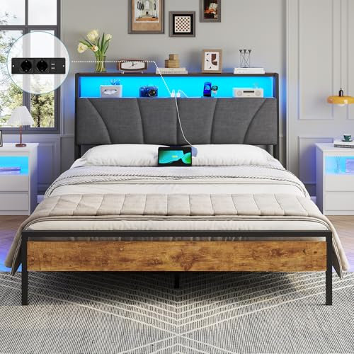 Brinlawb Cadre de lit 140x200 avec Sommier Métal, Lit 2 Personnes avec Lumières LED, Multiprise (2 Prises AC, 2 Ports USB) lit Double en Métal avec Rangement, Facile à Assembler, Marron Vintage & Gris