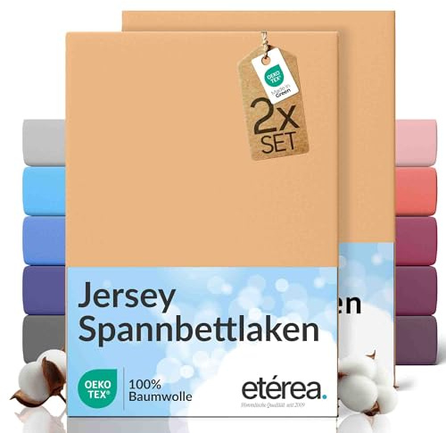 etérea Jersey 2er Set Spannbettlaken 140x200cm - 160x200cm Sand bis 25 cm Höhe - 100% Baumwolle Spannbetttuch Oekotex - Doppelpack Bettlaken 140x200 cm - 160x200 cm - Beige