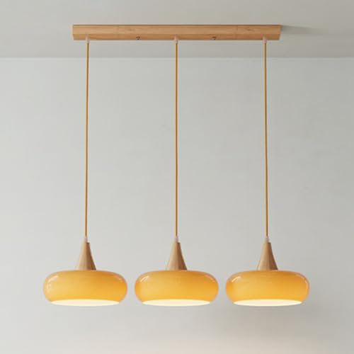 Klobvtt 3-lights Cluster Pendant Light Wood Ceiling Hanging Lamp Drum Glass Island Pendant Lighting, Wooden Chandelier E27 Suspension Lamps for Dining Table Restaurant Cafe