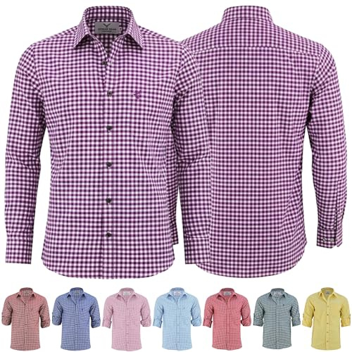 German Wear Trachtenhemden für Herren mit Langen Ärmeln, klassisches Karomuster, hochwertige bayerische Mode mit Hirsch-Stickerei und kardieten Ärmeln