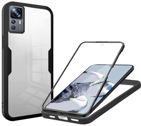 Case für Xiaomi 12T/Xiaomi 12T Pro Hülle mit eingebautem Panzerglas Displayschutz und Kamera Schutzfolie [9H HD], 360 Grad Handyhülle Ganzkörper Stoßfeste Xiaomi 12T/Xiaomi 12T Pro Case - Schwarz