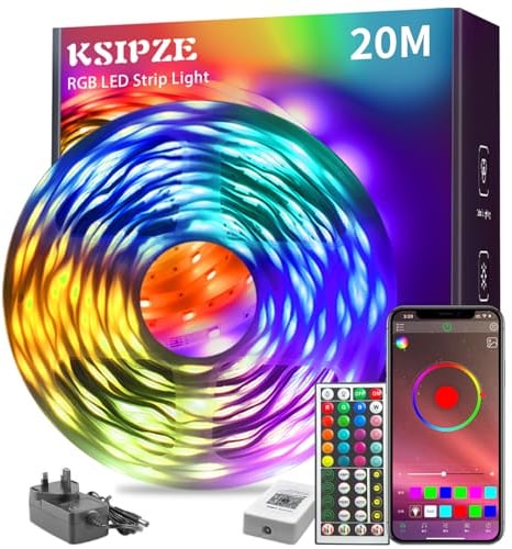 KSIPZE 20m LED Strip Lights, RGB LED Lights for Bedroom, APP Remote Control | Music Sync, Color Changing, Bluetooth, Dimmable Flexible led Lights, for Home Bedroom Decoration