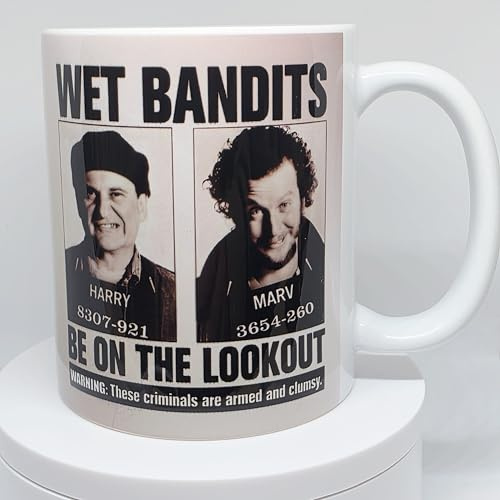 Wet Bandits Movie-Themed Ceramic Coffee Mug, White, Novelty Mugshot Design