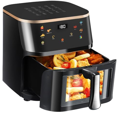 Oyajia AirFryer Ohne Öl, Fritteuse mit Led Touch Screen, Sichtfenster, 6 Programmen, Grillen, Backen,Einstellbare Zeit und Temperatur für einfaches Kochen, Spülmaschinenfest 9L,Schwarz