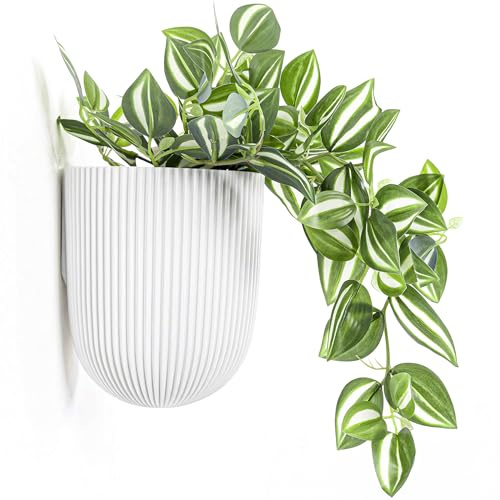 KONZEPT Blumentopf mit dezenter Wandbefestigung Ø 14,6 cm – Matter, geriffelter Hängetopf 2,1 L für Pflanzen, UV- & frostbeständig, für Innen & Außen, Weiß