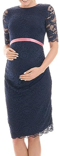 Herzmutter Robe de Grossesse mi-Longueu Dentelle Soirée Mariage pour Femme Enceinte élégant Maternité Festive - 6200 (M, Bleu foncé)