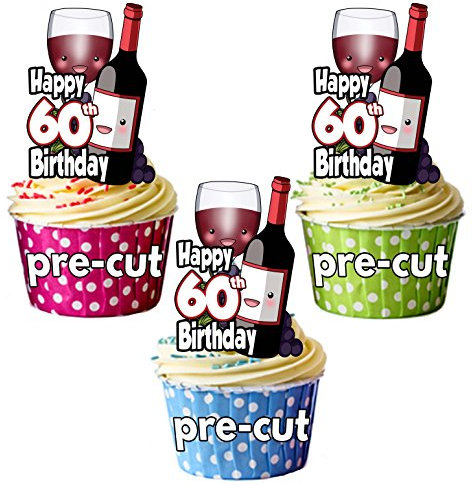vorgeschnittenen rot Wein Flasche & Glas – 60. Geburtstag – Essbare Cupcake Topper/Kuchen Dekorationen (12 Stück)