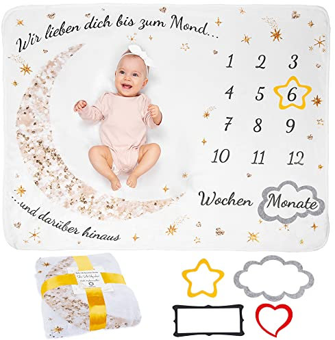ODOXIA Baby Meilenstein Decke auf Deutsch | Monatsdecke Baby Junge & Mädchen, Unisex | Mond & Sterne | Personalisiertes Neugeborenen-Geschenk für Mütter | Babydecke | Meilensteindecke und Rahmen