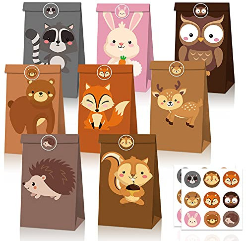 16 Stück Tiere Geschenktüten Kindergeburtstag Papiertüten mit Aufkleber für Jungen Geburtstag Halloween Weihnachten Ostern Dschungel Safari Waldtiere Partytüten Kindergeburtstag Mitgebsel Tüten