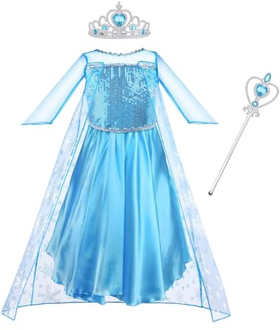 Vicloon Kostüm Kinder Mädchen, Kleid Kinders Set mit Krone, Diadem, Zauberstab, für Halloween, Weihnachten, Geburtstag Party, Kostüms Mädchen, Blau