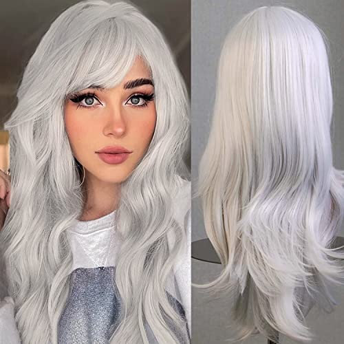 Damen Perücke Grau,Silber Grau Lang Lockig,Halloween Perücke Gothic Haare für Halloween Karneval Cosplay Kostüm Party