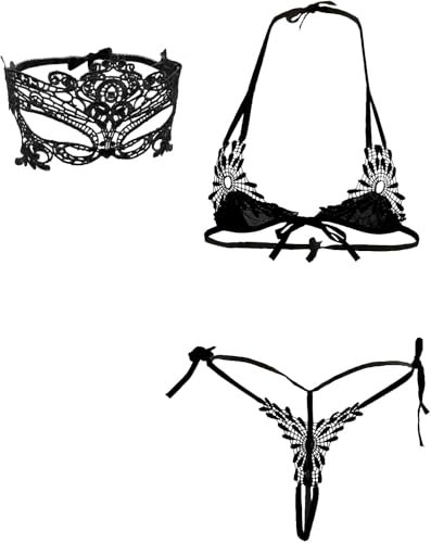 VicSec 2 Pièces Ensemble Lingerie Sexy Dentelle Soutien-Gorge et Culotte Femme Bikini Micro Maillot de Bain Mini Soutien-gorge Top String Babydoll Vêtements de Nuit avec Masque de Dentelle pour Fête